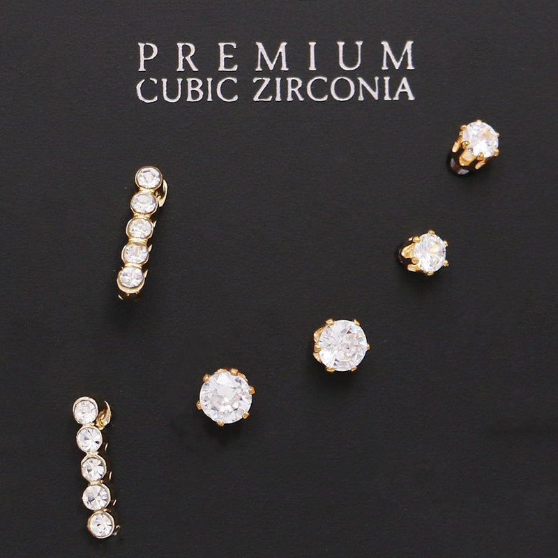 Set of 3 Pairs Petite Hypoallergenic CZ Stud Earring Gift Set (Crystal Bar Gold Tone)