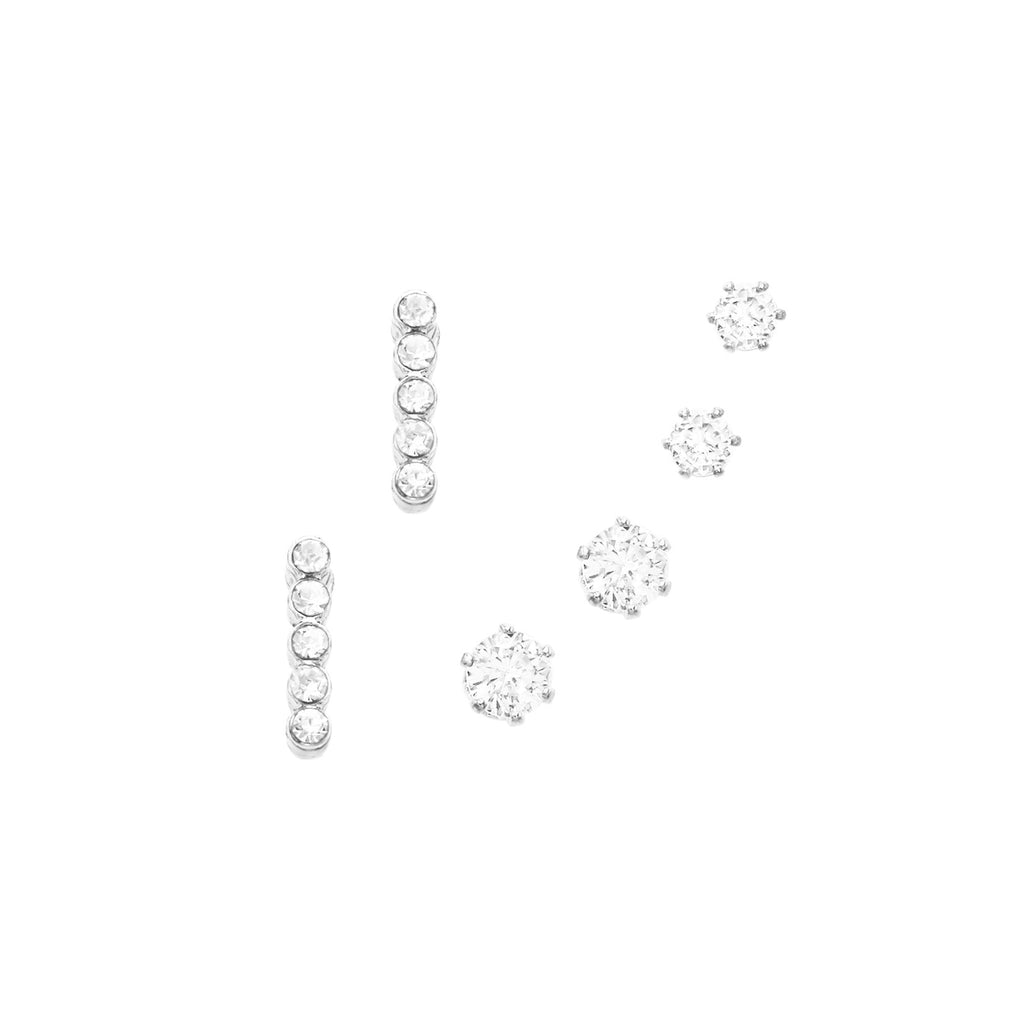 Set of 3 Pairs Petite Hypoallergenic CZ Stud Earring Gift Set (Crystal Bar Silver Tone)