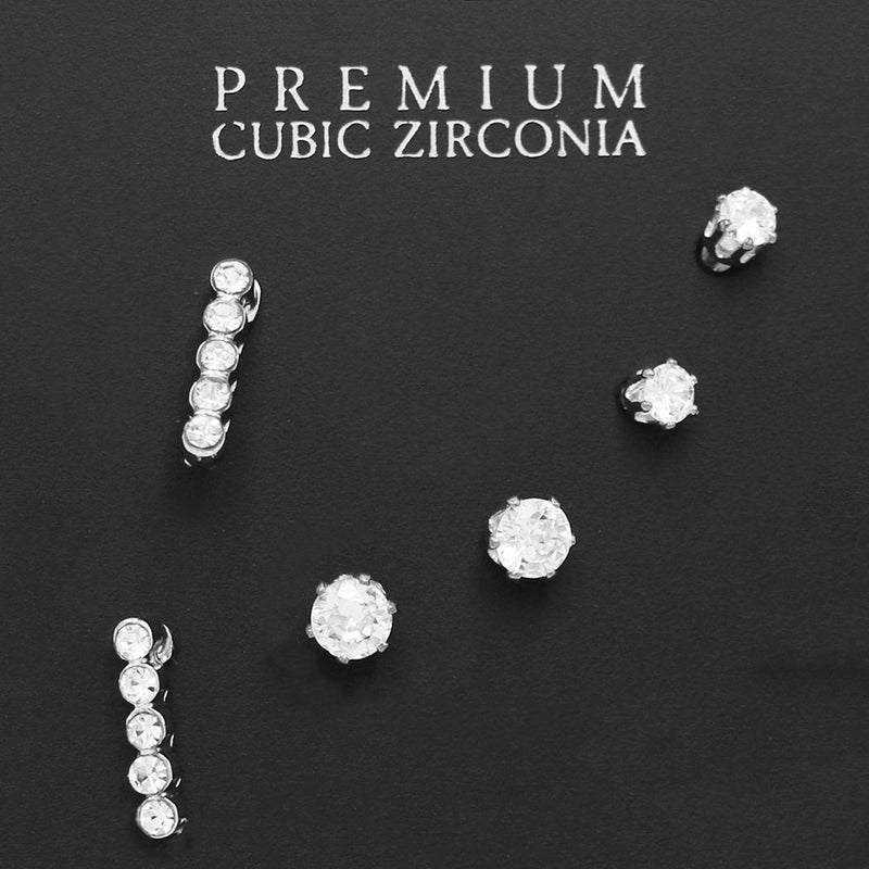 Set of 3 Pairs Petite Hypoallergenic CZ Stud Earring Gift Set (Crystal Bar Silver Tone)