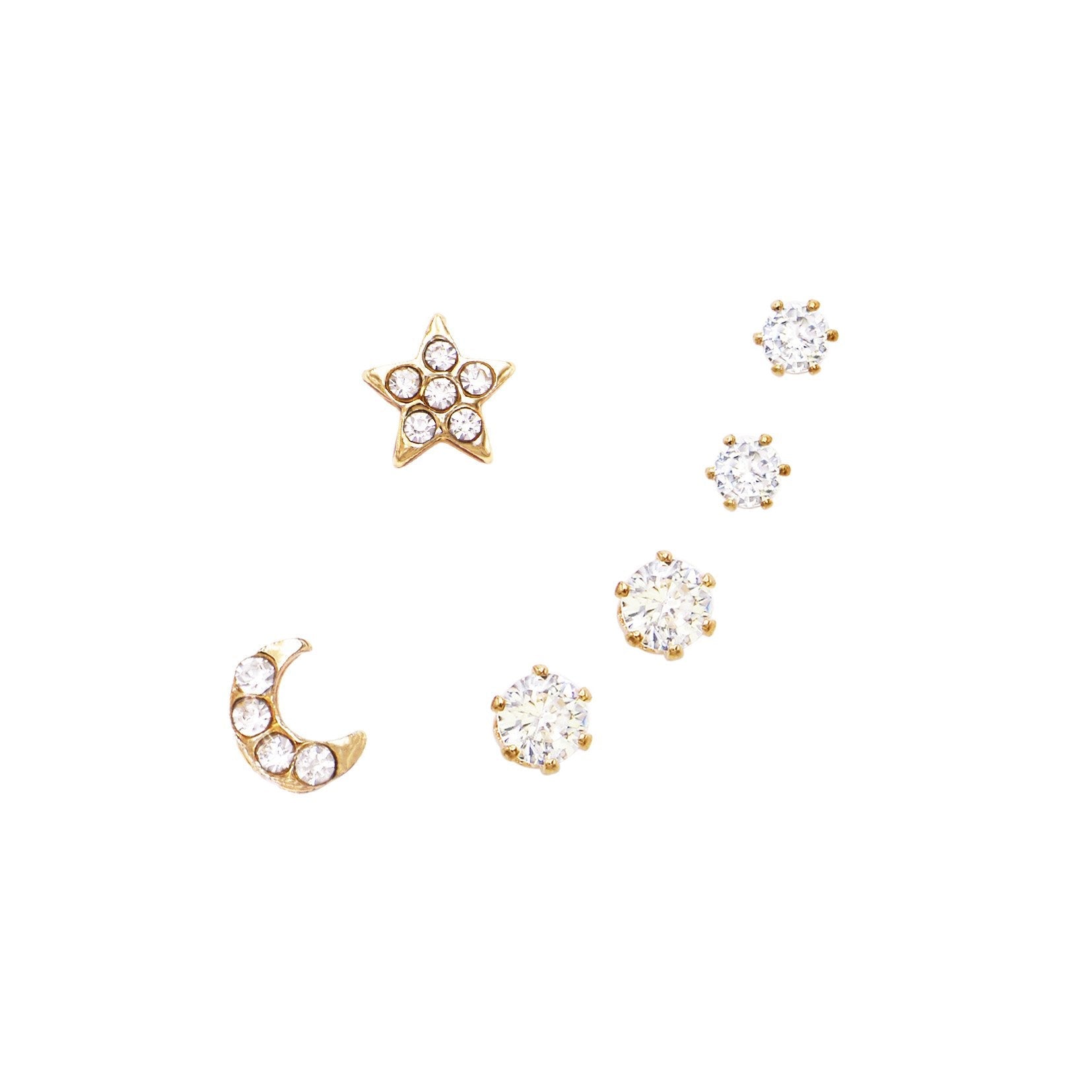 Set of 3 Pairs Petite Hypoallergenic CZ Stud Earring Gift Set (Celestial Moon and Star Gold)