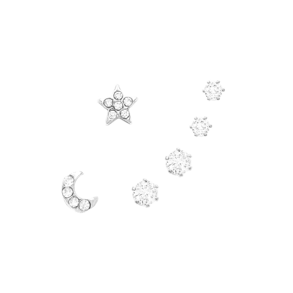 Set of 3 Pairs Petite Hypoallergenic CZ Stud Earring Gift Set (Celestial Moon and Star Silver Tone)