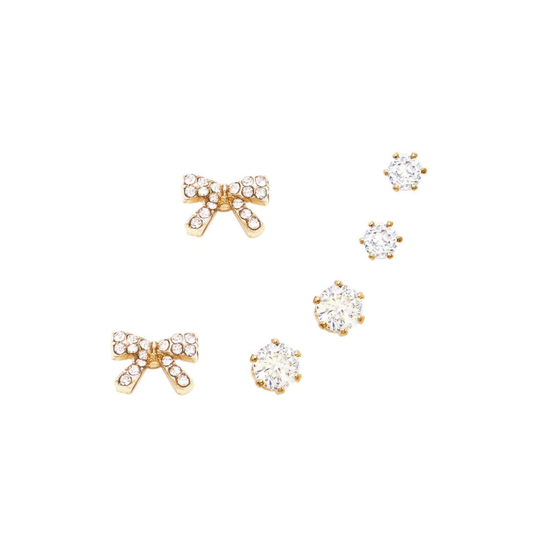 Set of 3 Pairs Petite Hypoallergenic CZ Stud Earring Gift Set (Bow Stud Gold Tone)