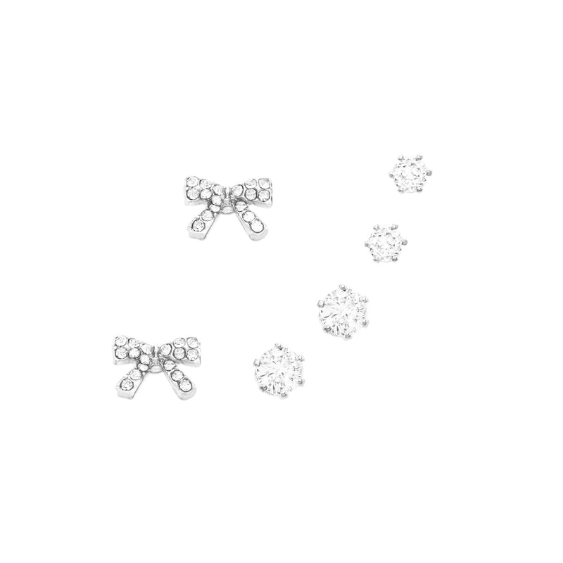 Set of 3 Pairs Petite Hypoallergenic CZ Stud Earring Gift Set (Bow Stud Silver Tone)