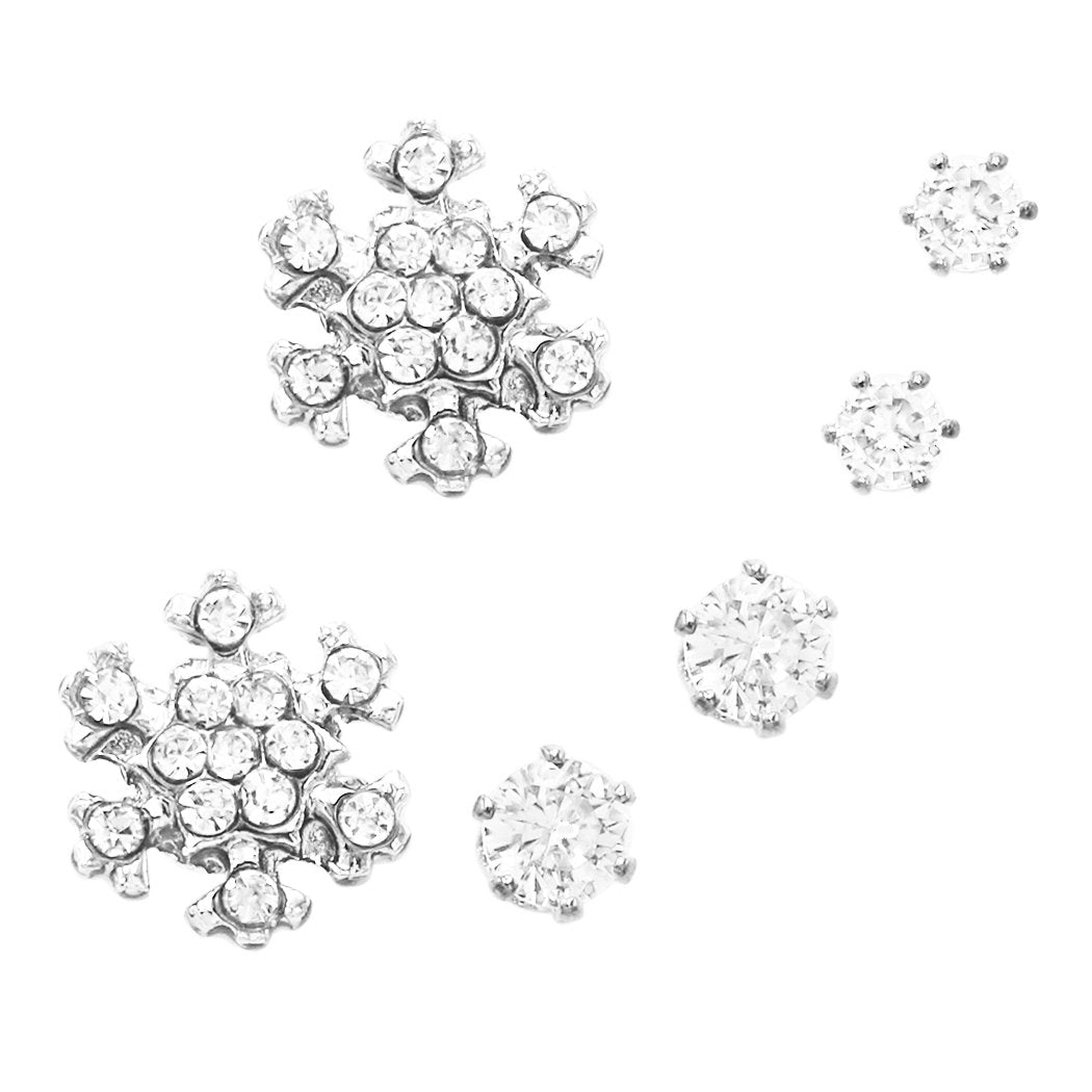 Set of 3 Pairs Hypoallergenic Cubic Zirconia Stud Earrings (Snowflake/Silver Tone)