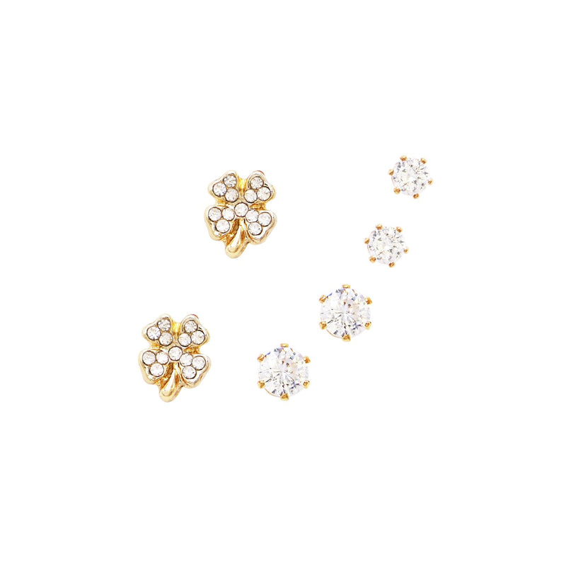 Set of 3 Pairs Hypoallergenic Cubic Zirconia Stud Earrings (Lucky Four Leaf Clover/Gold Tone)