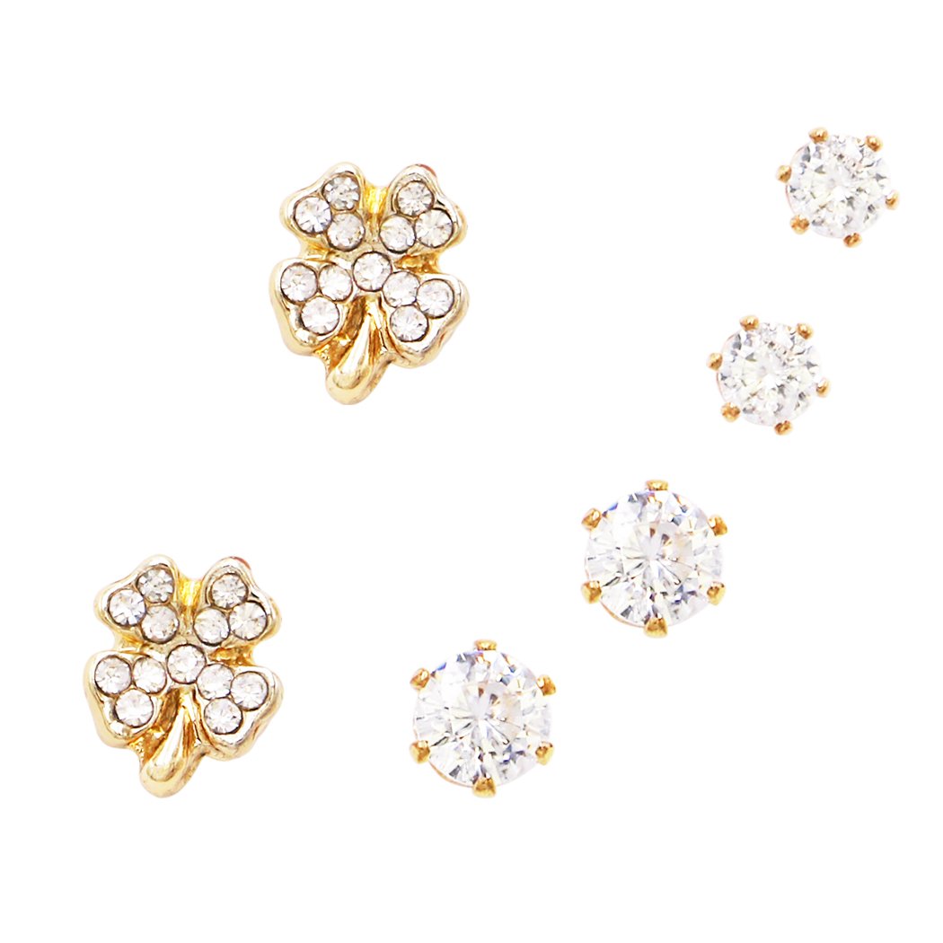 Set of 3 Pairs Hypoallergenic Cubic Zirconia Stud Earrings (Lucky Four Leaf Clover/Gold Tone)