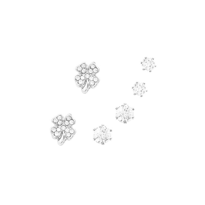 Set of 3 Pairs Hypoallergenic Cubic Zirconia Stud Earrings (Lucky Four Leaf Clover/Silver Tone)