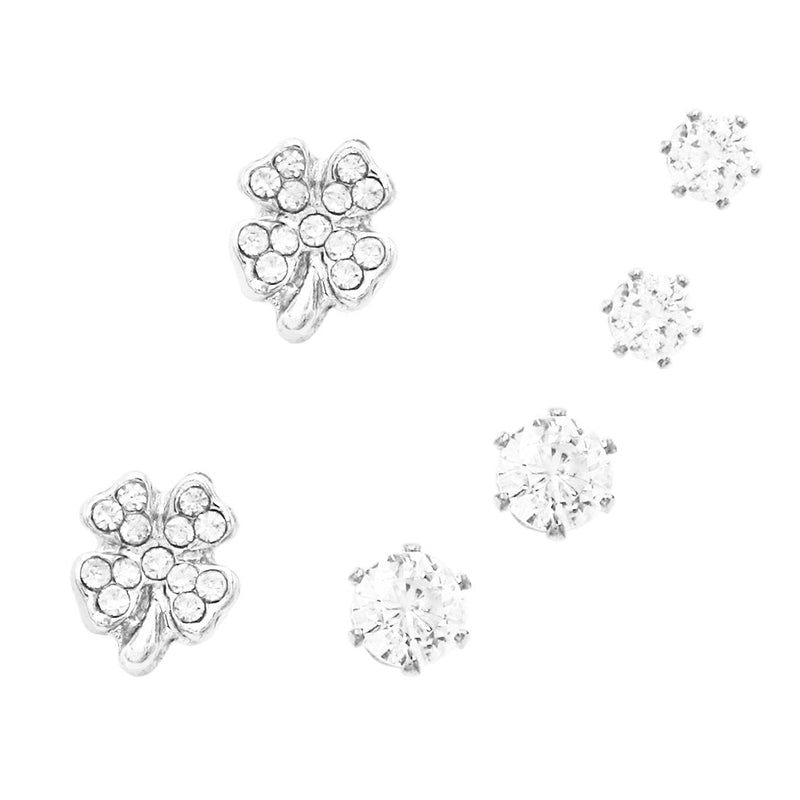 Set of 3 Pairs Hypoallergenic Cubic Zirconia Stud Earrings (Lucky Four Leaf Clover/Silver Tone)