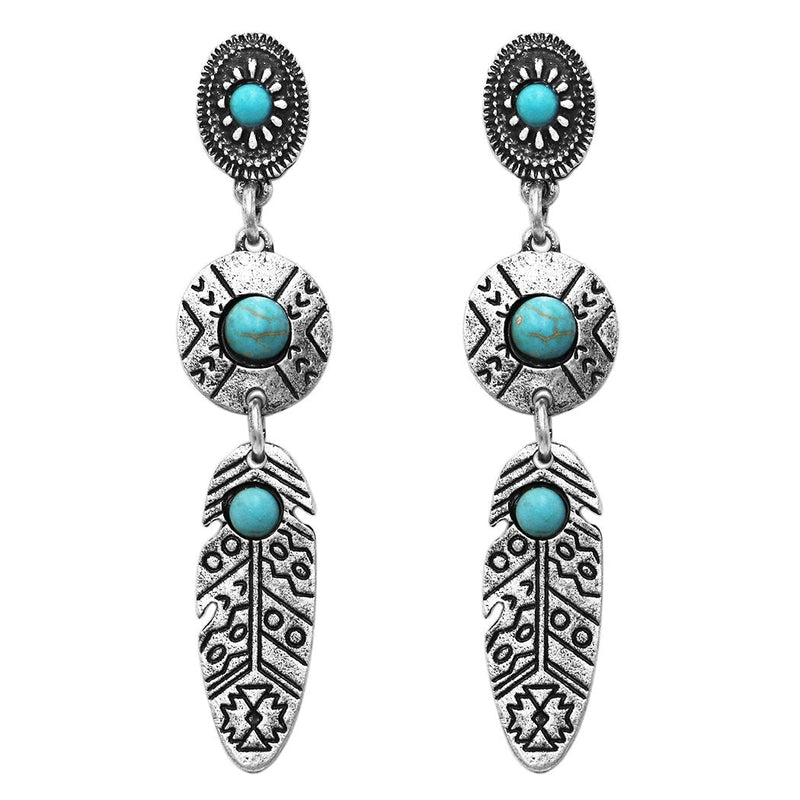 South Western Style Turquoise Howlite Decorative Feather Hypoallergenic Dangle Earrings, 2.25"