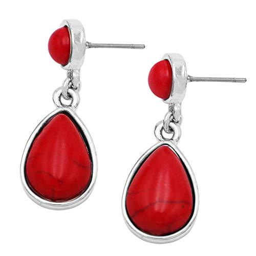 Western Style Turquoise Dangle Teardrop Hypoallergenic Statement Earrings, 1.25' (Red)