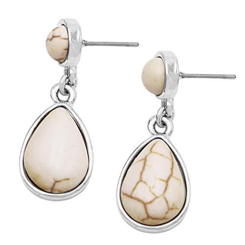 Western Style Semi Precious Howlite Stone Dangle Teardrop Hypoallergenic Statement Earrings, 1.25' (Natural White)