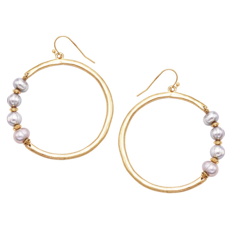 Freshwater Pearl Burnished Gold Tone Open Hoop Earrings, 2.5"