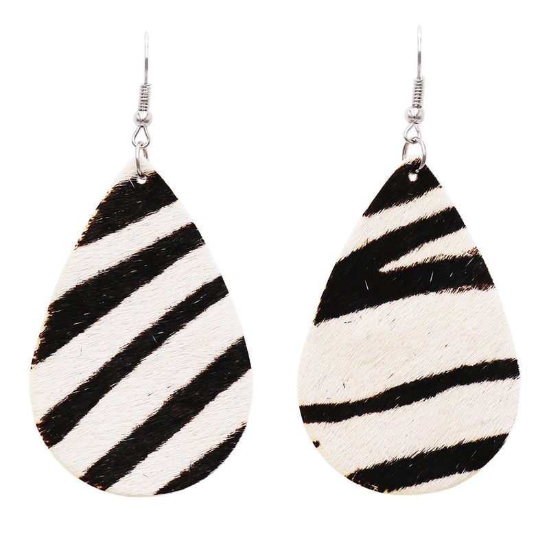 Women's Bohemian Faux Leather Teardrop Zebra Animal Print Dangle Earrings, 3"