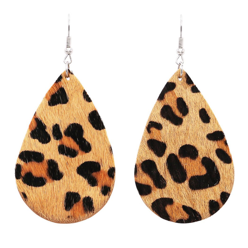 Women's Bohemian Faux Leather Long Teardrop Animal Print Dangle Earrings, 3" Length