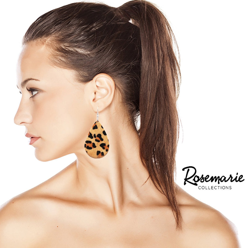 Get Wild Faux Leather With Hair Animal Print Dangle Earrings, 3” (Leopard Print Teardrops Silver Tone, 3”)