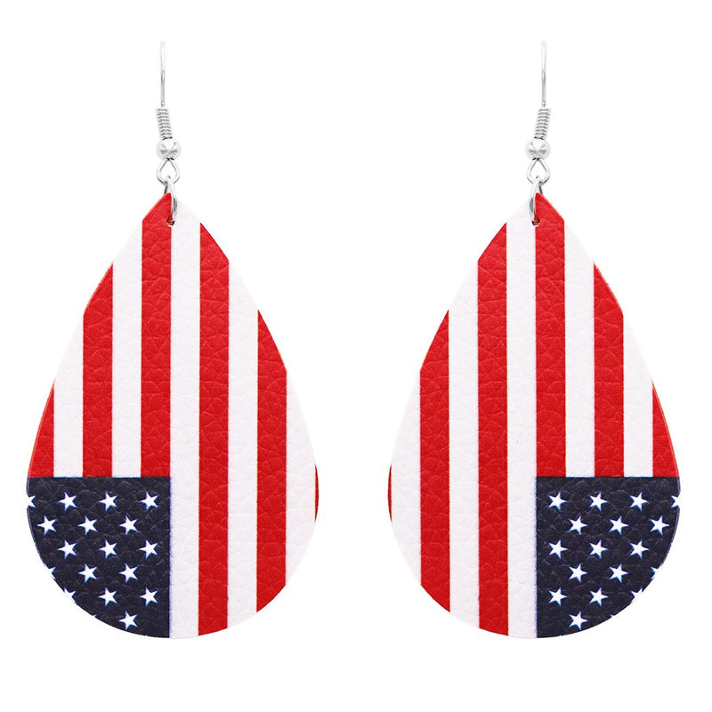 Women's Bohemian Faux Leather Teardrop USA Flag Dangle Earrings, 2.75"