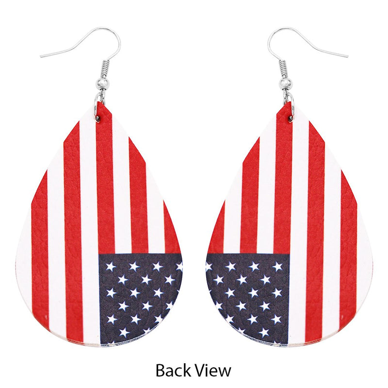 Women's Vegan Leather Teardrop Red White And Blue USA Flag Patriotic July 4th Dangle Earrings, 2.75"