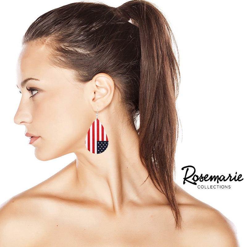 Women's Vegan Leather Teardrop Red White And Blue USA Flag Patriotic July 4th Dangle Earrings, 2.75"