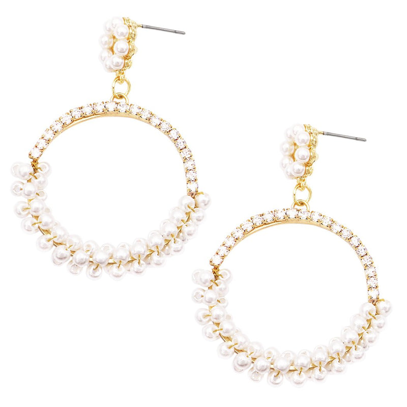 Hypoallergenic Beaded Pearl and Crystal Open Circle Hoop Earrings, 2"