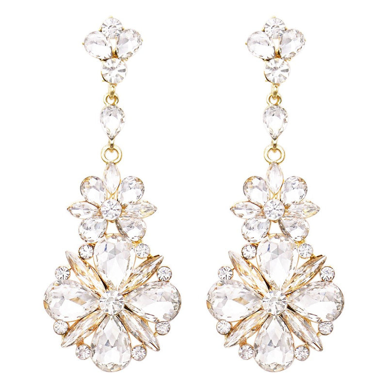 Women's Hypoallergenic Dramatic Crystal Flower Long Shoulder Duster Earrings, 3.5"