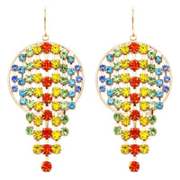 Colorful Rainbow Fringe Crystal Waterfall and Gold Circle Hoop Dangle Earrings, 2.75"