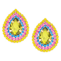 Colorful Crystal Teardrop Hypoallergenic Post Earrings, 1" (Light Green Center/Gold Tone)