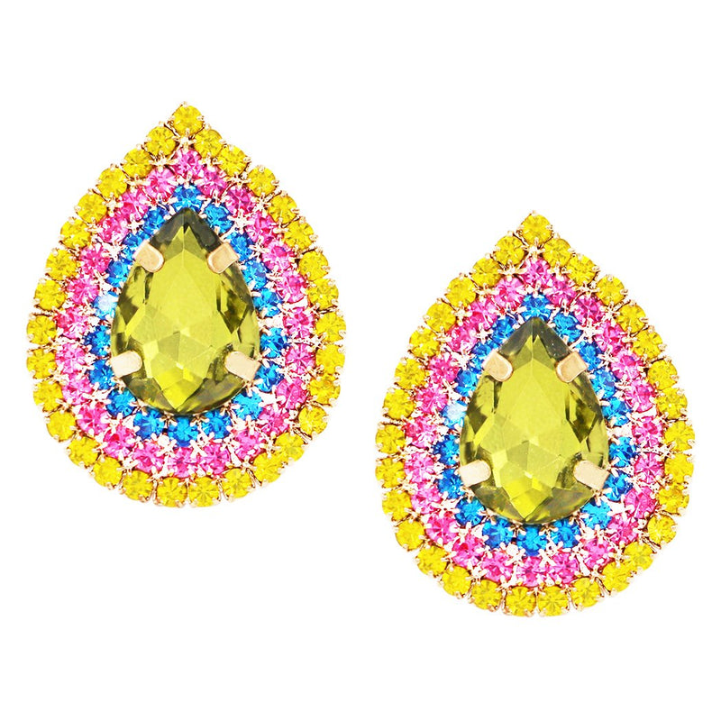 Colorful Crystal Teardrop Hypoallergenic Post Earrings, 1" (Light Green Center/Gold Tone)