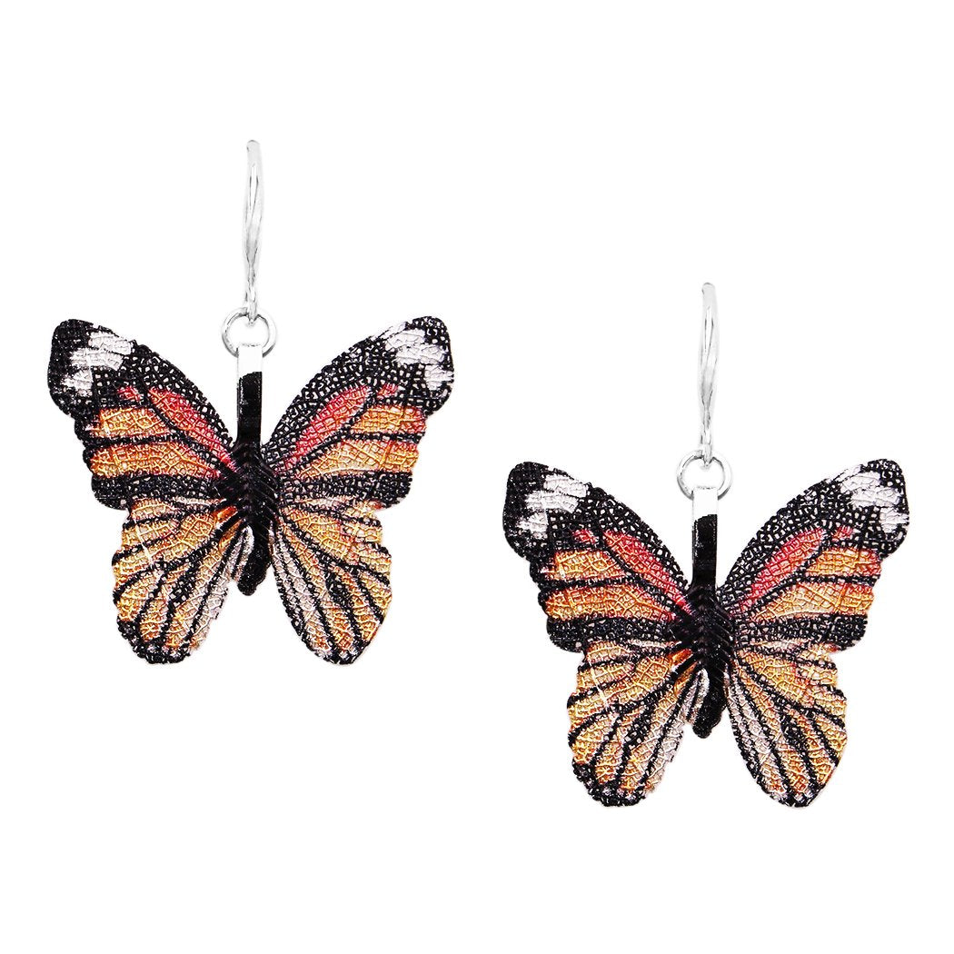 Unique Metal Dipped Real Leaf Monarch Butterfly Filigree Dangle Earrings, 1.62"