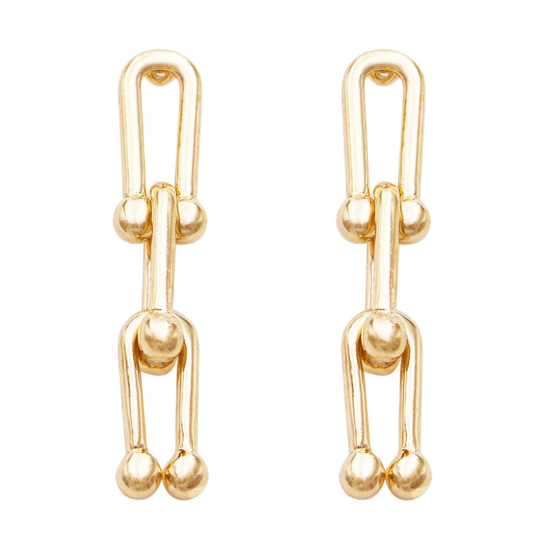 Sleek Gold Tone U Link With Ball Chain Hypoallergenic Post Earrings, 1.5"