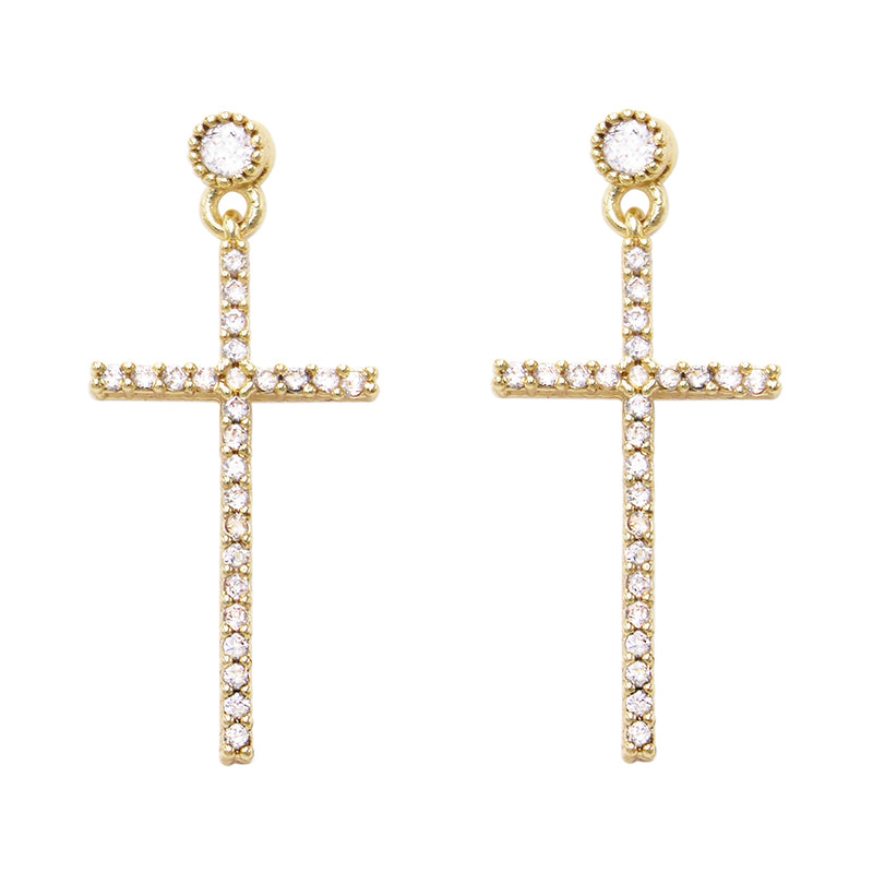 Rosemarie's Religious Gifts Women's Stunning Cubic Zirconia Crystal Cross Hypoallergenic Post Back Dangle Earrings, 1.12" (Gold Tone)
