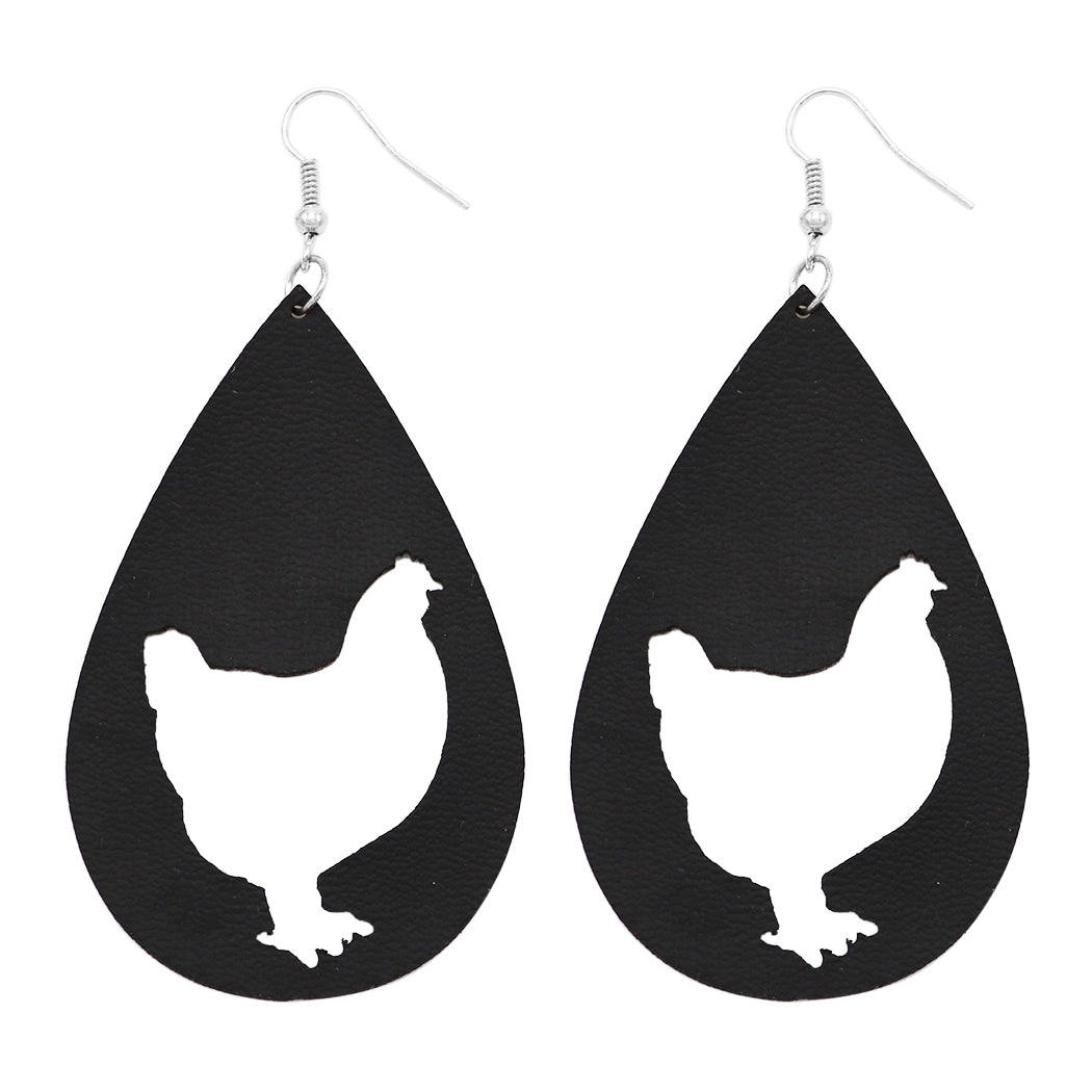 Farm Time Whimsical Vegan Leather Chicken Cutout Dangle Earrings, 3.50"