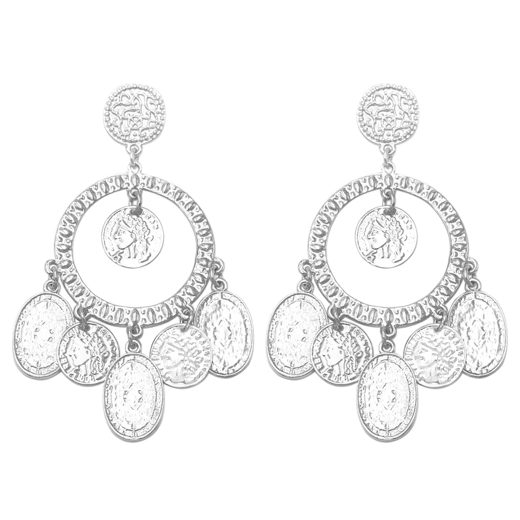 Statement Bohemian Gypsy Queen Hammered Metal Hoop With Coin Disc Dangles Hypoallergenic Post Back Earrings, 3.25" (Silver Tone)