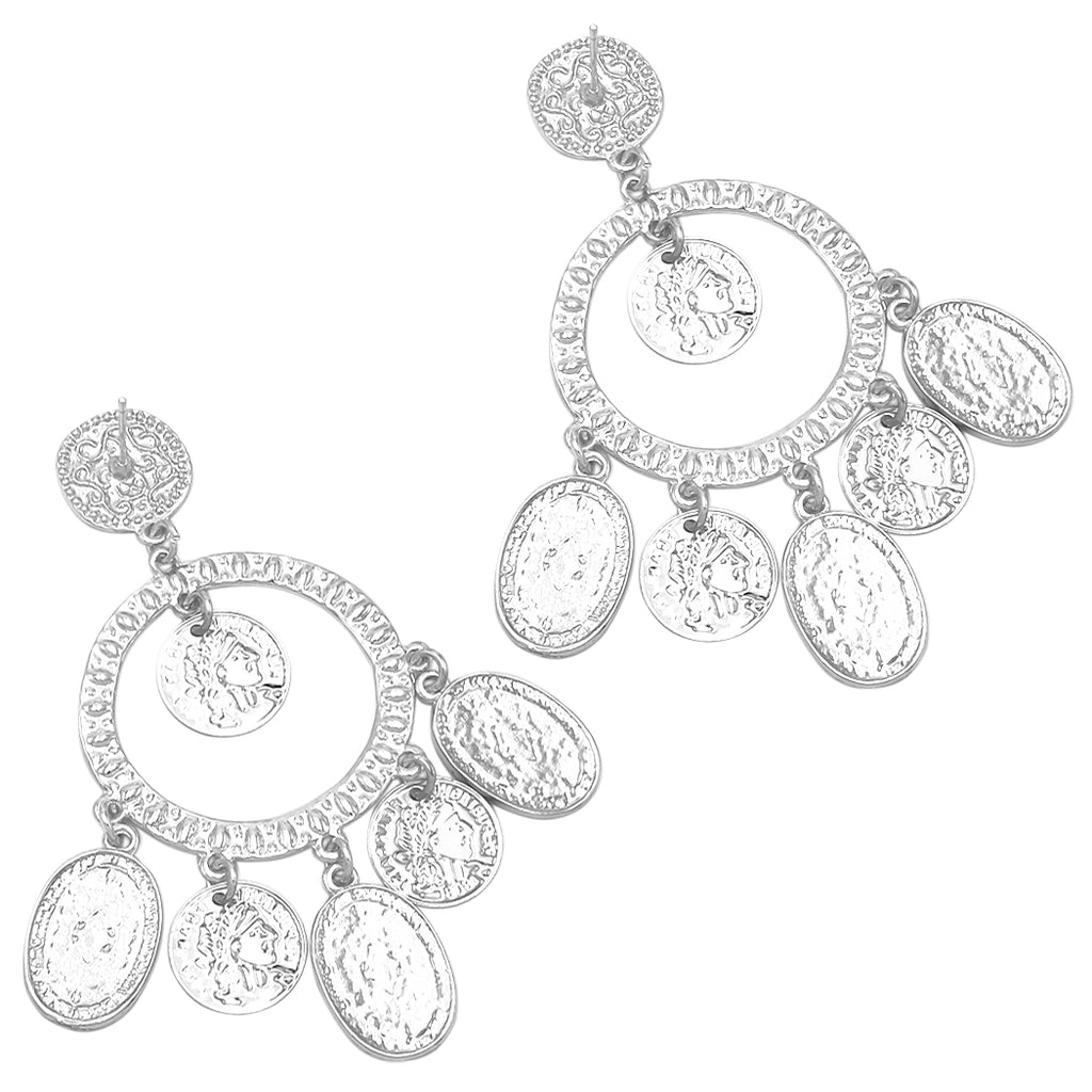 Statement Bohemian Gypsy Queen Hammered Metal Hoop With Coin Disc Dangles Hypoallergenic Post Back Earrings, 3.25" (Silver Tone)
