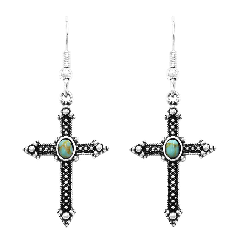 Rosemarie's Religious Gifts Women's Textured Metal Cross With Turquoise Howlite Dangle Earrings, 1.75"