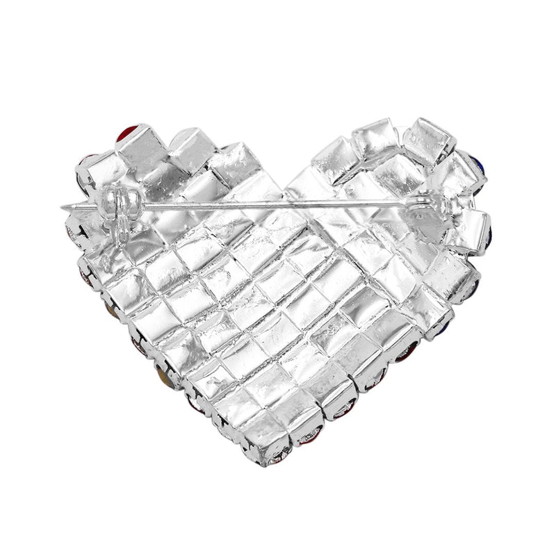 Women's USA Patriotic American Flag Crystal Heart Brooch Lapel Pin, 1.5"