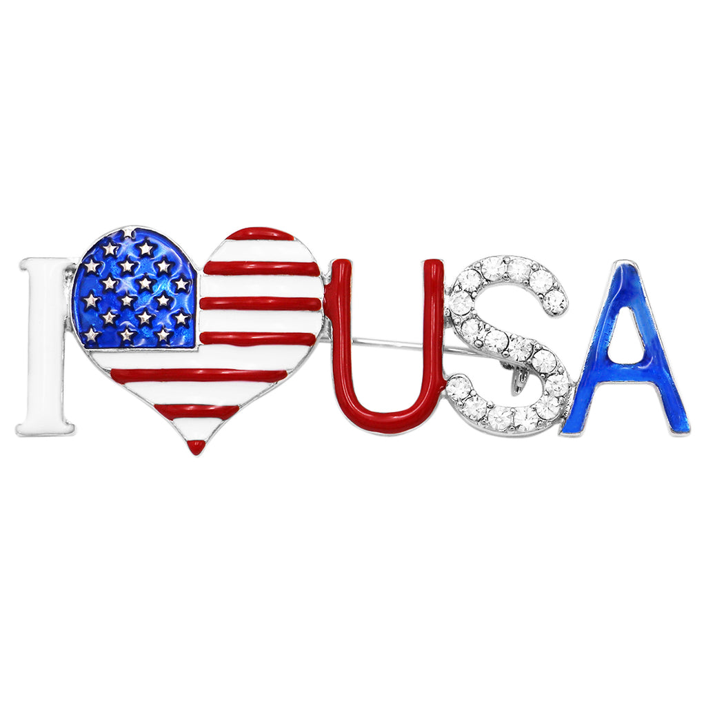 I Love USA Patriotic American Flag Heart Enamel and Crystal Brooch Pin, 2.5"
