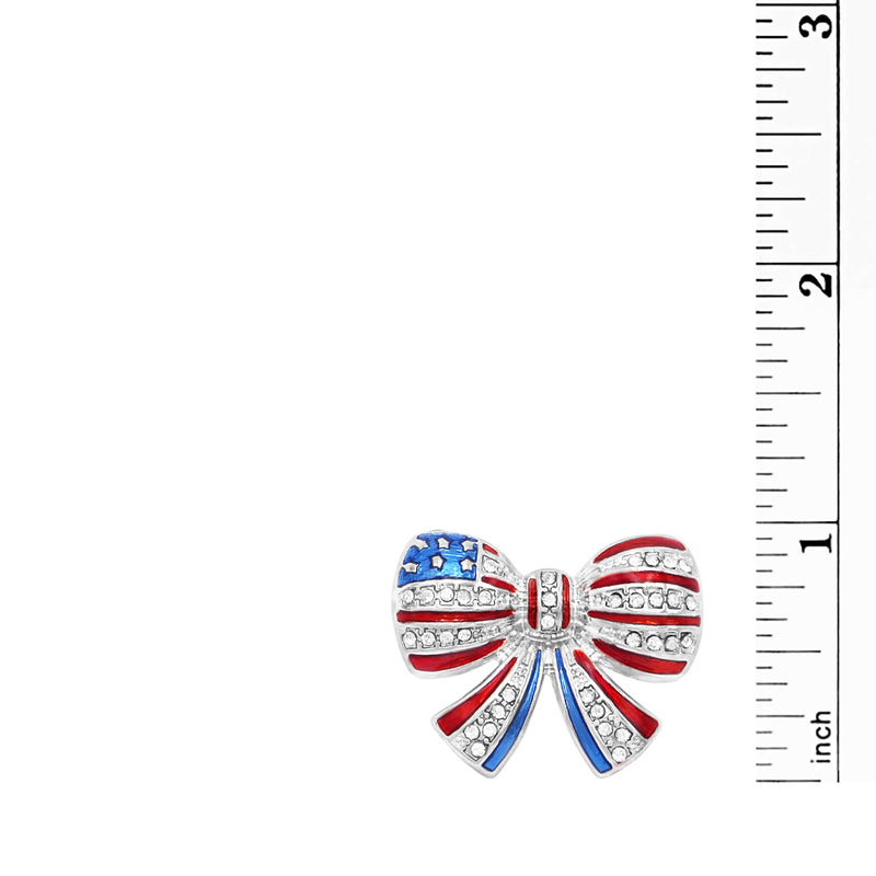July 4th Patriotic Holiday Red White And Blue Enamel With Crystal Accents USA Flag Themed Liberty Bow Lapel Pin Brooch, 1"