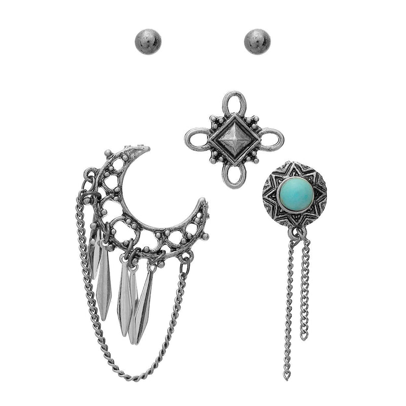 Simple Stud Earrings and Western Pin Set (Silver)