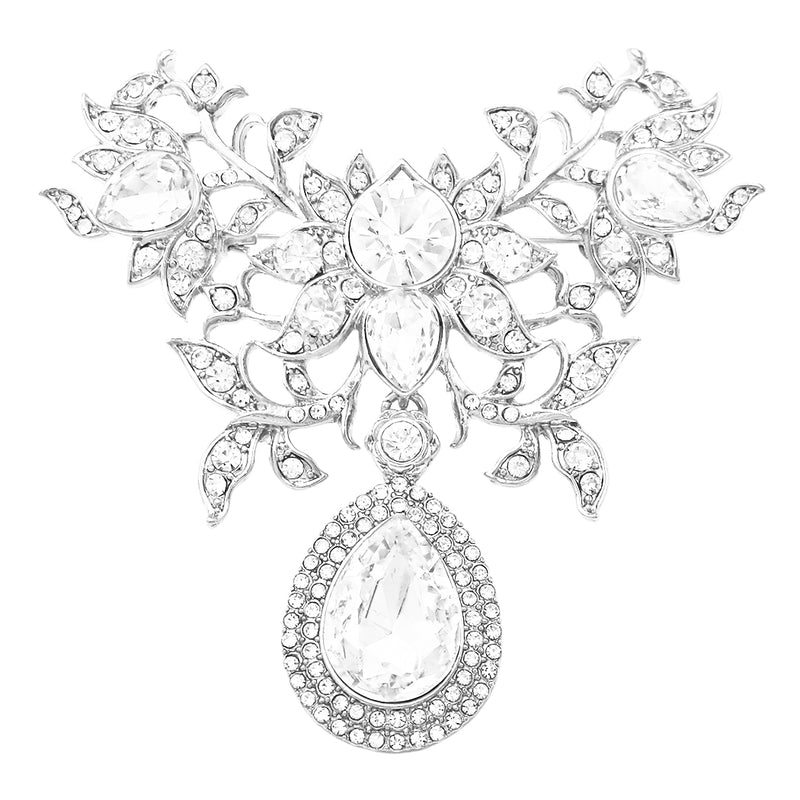Stunning Statement Glass Crystal Teardrop Flower Shirt Collar Brooch Pin, 3"