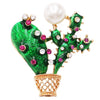 Women's Fun Crystal Pearl and Enamel Cactus Statement Brooch Lapel Pin, 1.5"