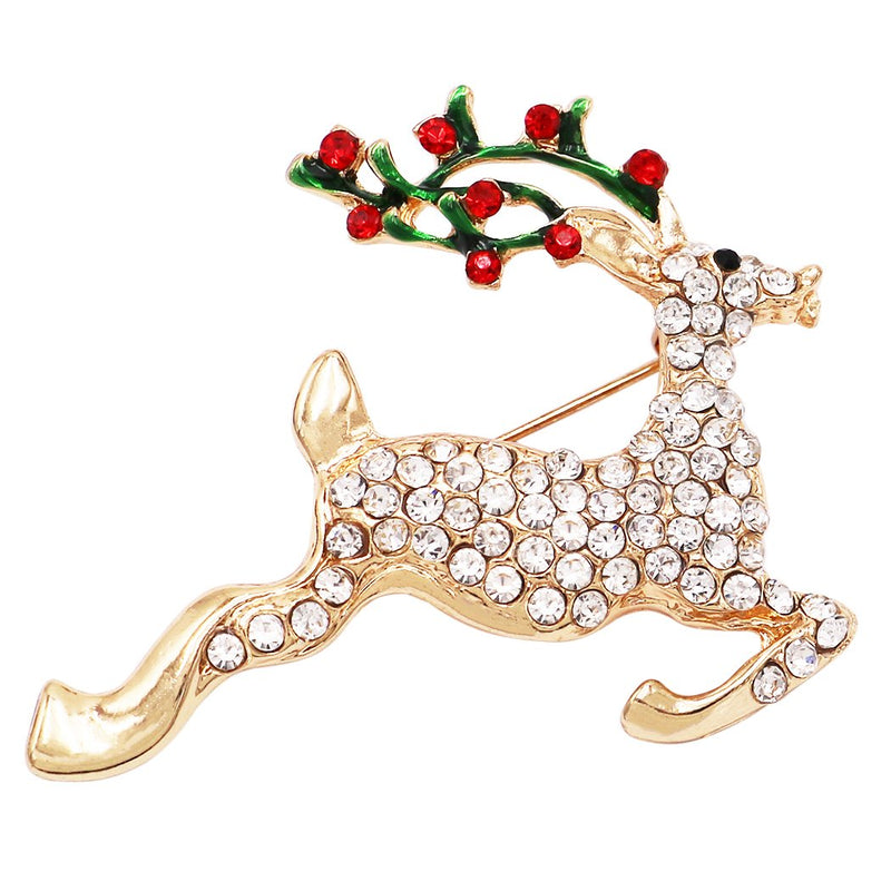 Sparkling Pave Crystal Rhinestone Reindeer Christmas Holiday Brooch Pin