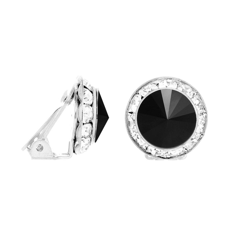 Timeless Classic Statement Clip On Earrings Made with Swarovski Crystals, 15mm-20mm (15mm, Jet Black Silver Tone)