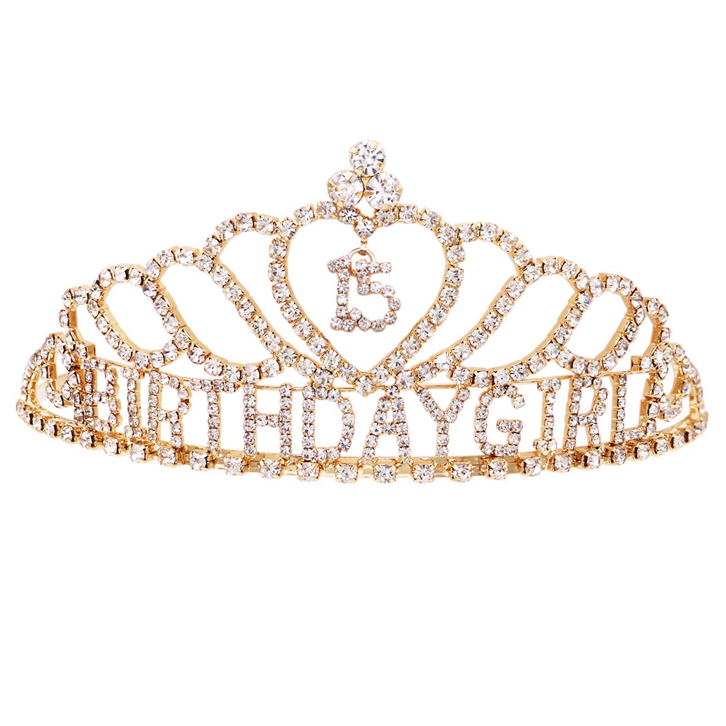 Rhinestone Birthday Tiara Crown 15 year Birthday (Quinceanera Gold Tone)