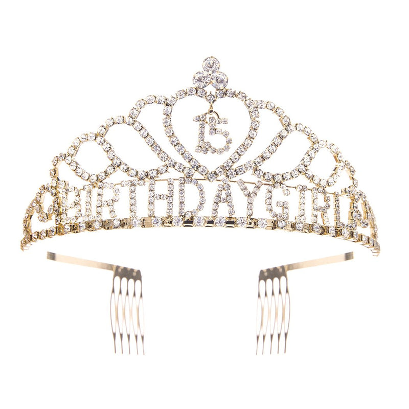 Rhinestone Birthday Tiara Crown 15 year Birthday (Quinceanera Gold Tone)