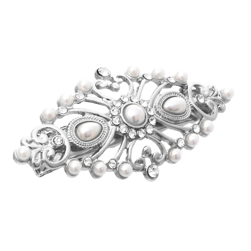 Statement Simulated Pearl and Rhinestone Hair Clip Barrette (silver tone)