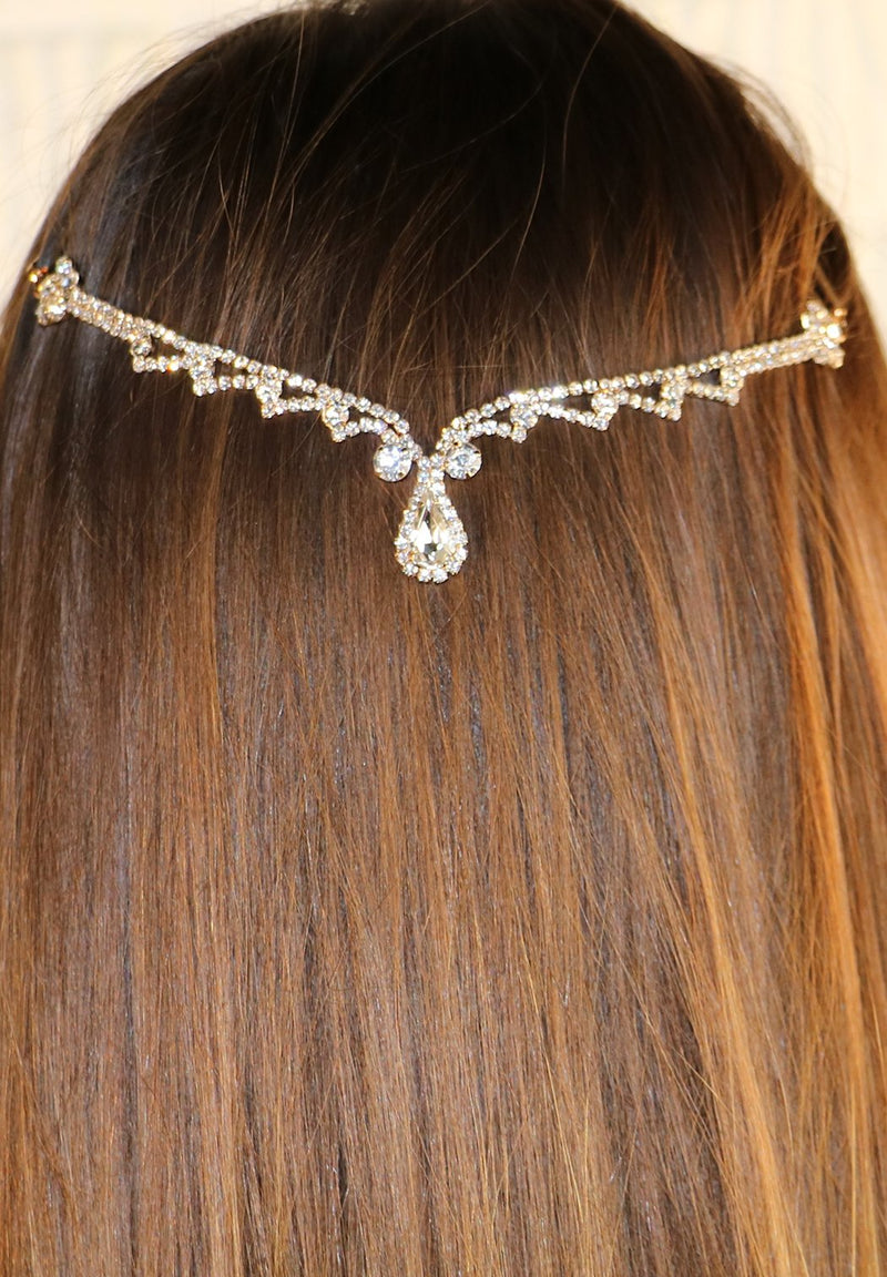 Teardrop Crystal Rhinestone Tikka Hair Comb Head Chain (Silver Tone)