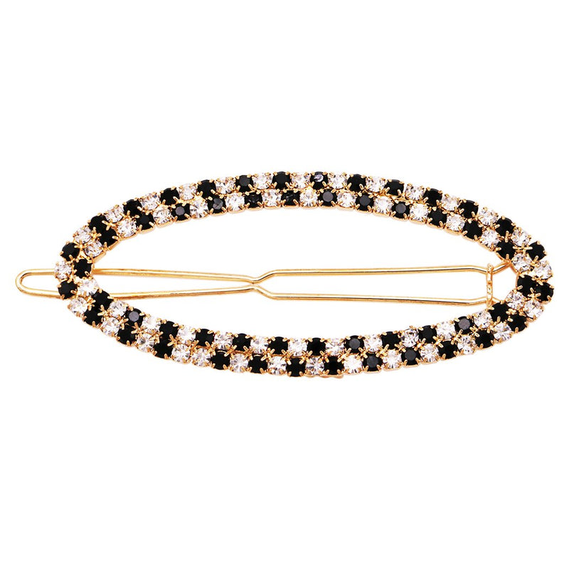 Stunning Oval Crystal Rhinestone Hair Barrette Clip (Gold Tone/Black and Clear)