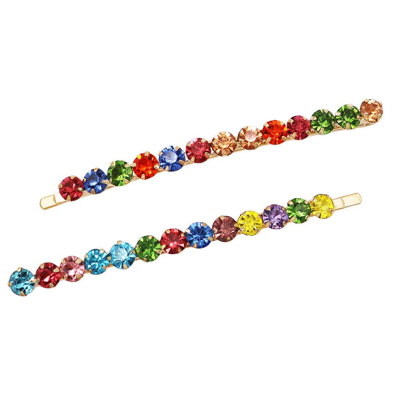 Set of 2 Colorful 6mm Crystal Rhinestone Hair Clip Bobby Pins Hair Barrette Accessories, 3.5" (Rainbow/Gold Tone)