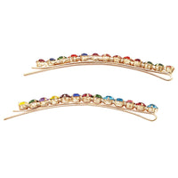 Set of 2 Colorful 6mm Crystal Rhinestone Hair Clip Bobby Pins Hair Barrette Accessories, 3.5" (Rainbow/Gold Tone)