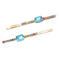 Set of 2 Colorful Baguette Crystal Rhinestone Hair Clip Barrette Bobby Pins Hair Accessories, 2.25" (Blue Center/Gold Tone)